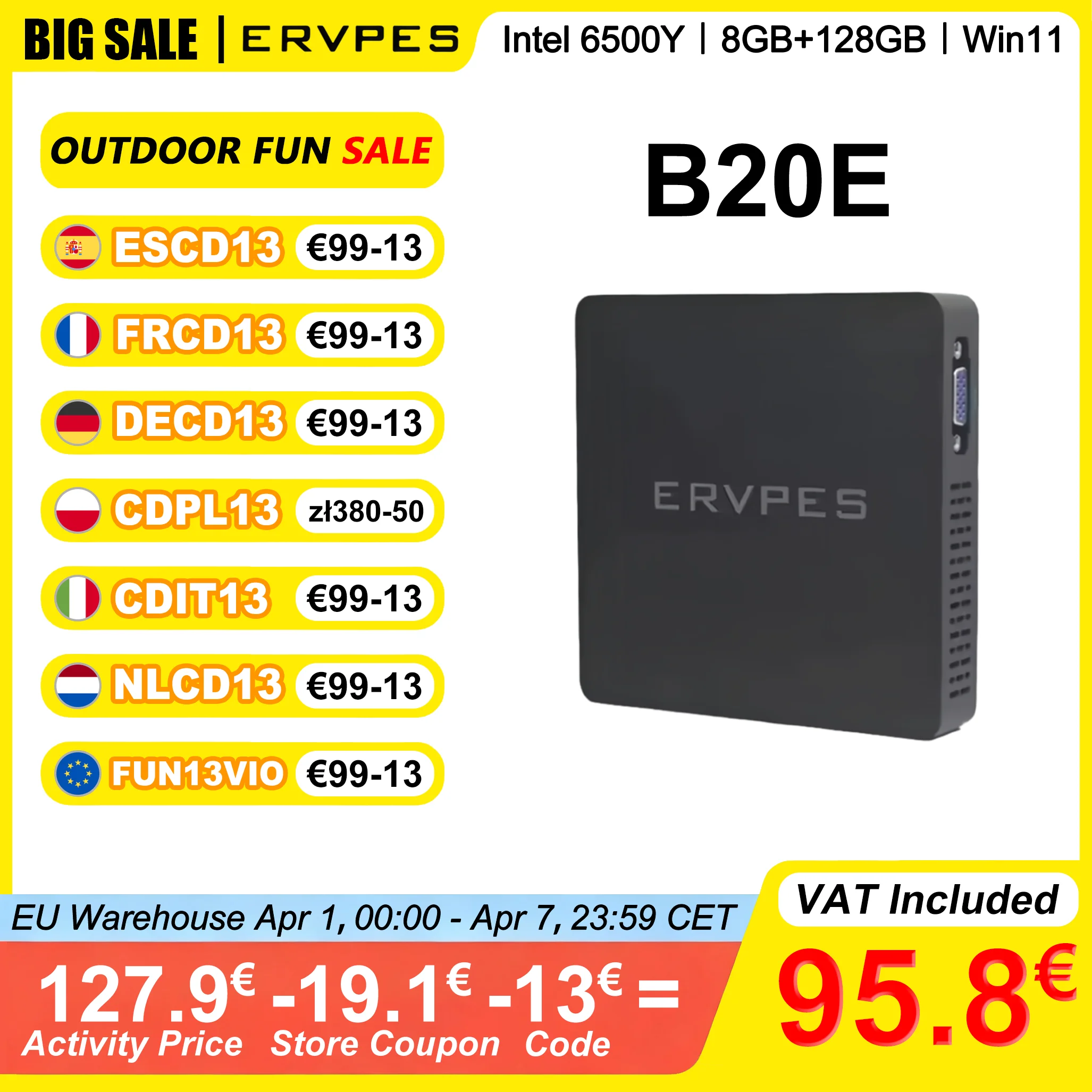 Mini PC ERVPES B20E, 8GB RAM, 128GB SSD ROM, Intel 6500Y, Windows 11, BT5.2, Apollo Lake, Microcomputadora de Escritorio, HDMI de Doble Banda, Wi-Fi