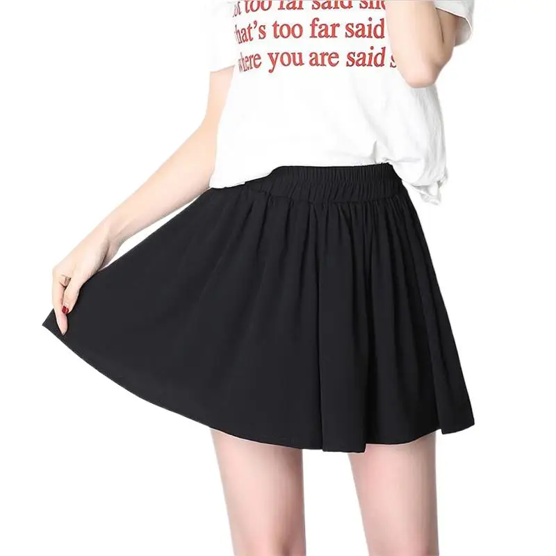 Women New Fashion Black Chiffon Loose Pleated Wide Leg Shorts Elastic High Waist Culottes Female Shorts Skirts 