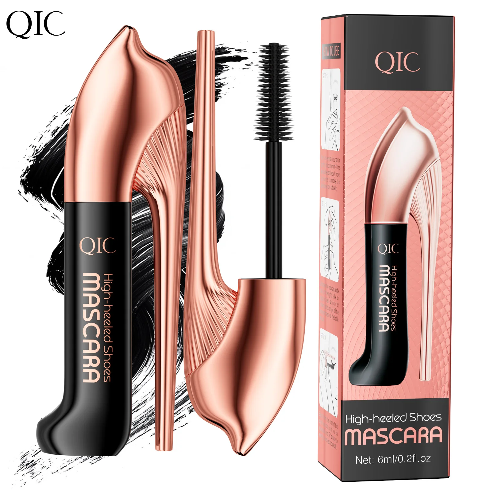 QIC ハイヒール シューズ マスカラ 3D ファイバー マスカラ、ロング ブラック ボリュームアップまつげエクステ、防水アイメイクツール