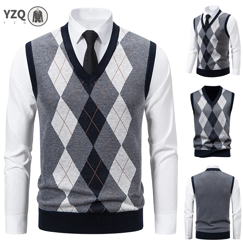 

Men's V-Neck Knitted Sweater Diamond Grid Twisted Flower Casual Fashion Top for Autumn Winter Versatile Knitwear