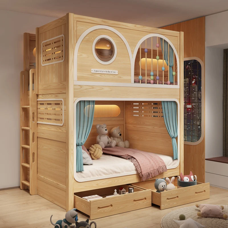 La litera totalmente de madera maciza, las camas altas y bajas no se interfieren con cada otra cama doble para hermanos.