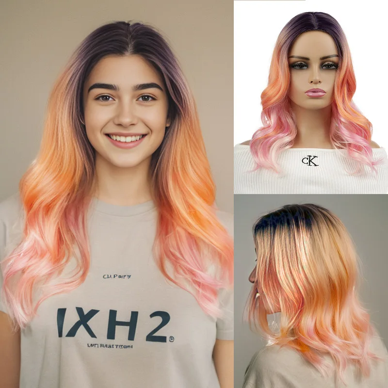 European and American orange-pink gradient purple middle-parted long curly hair wig for women, synthetic fiber, cosplay, Hallowe