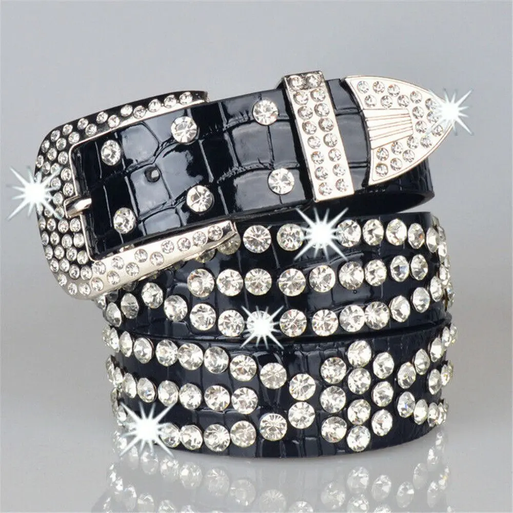 Women Adjustable Studded Rhinestone Belt Waistband Bling Crystal PU Leather