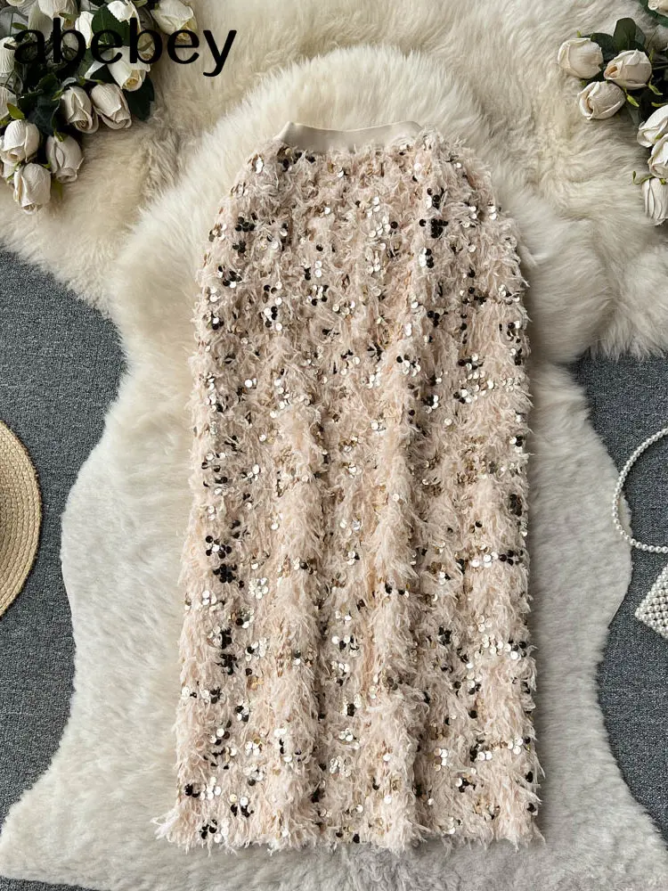 

Юбка Женская средней длины с высокой талией, Элегантная Модная свободная универсальная простая юбка-трапеция с блестками, с разрезом сзади, в Корейском стиле, на осень