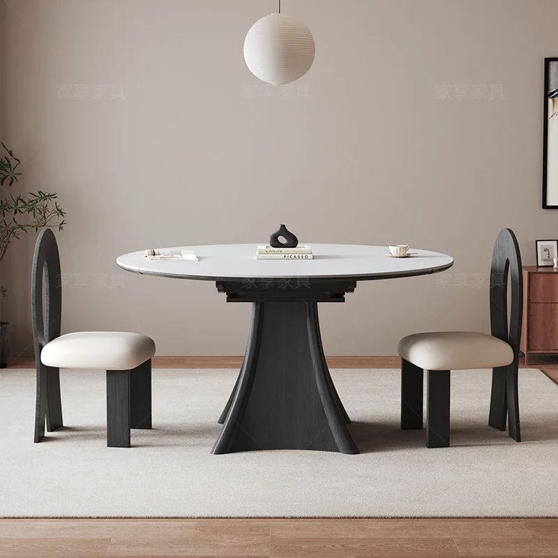 Household small apartment round table foldable solid wood minimalist dining table black water chestnut table