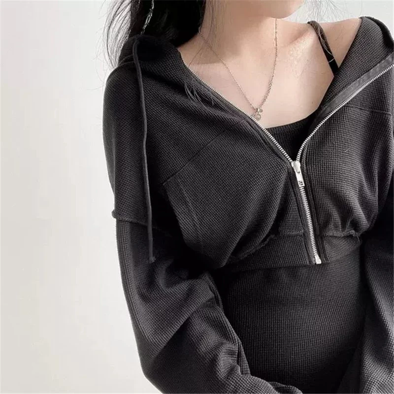 Y2K Black 2 Piece Set Women Sexy Spaghetti Strap Slim Mini Dress Zipper Hoodie Cropped Sweatshirt Cardigan Suit Outwear Coat