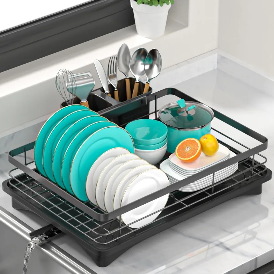 

Small Dish Drying Rack for Kitchen Counter with Drainboard Utensil Holder Metal Dish Drainers for Kitchen with Adjustable Drain