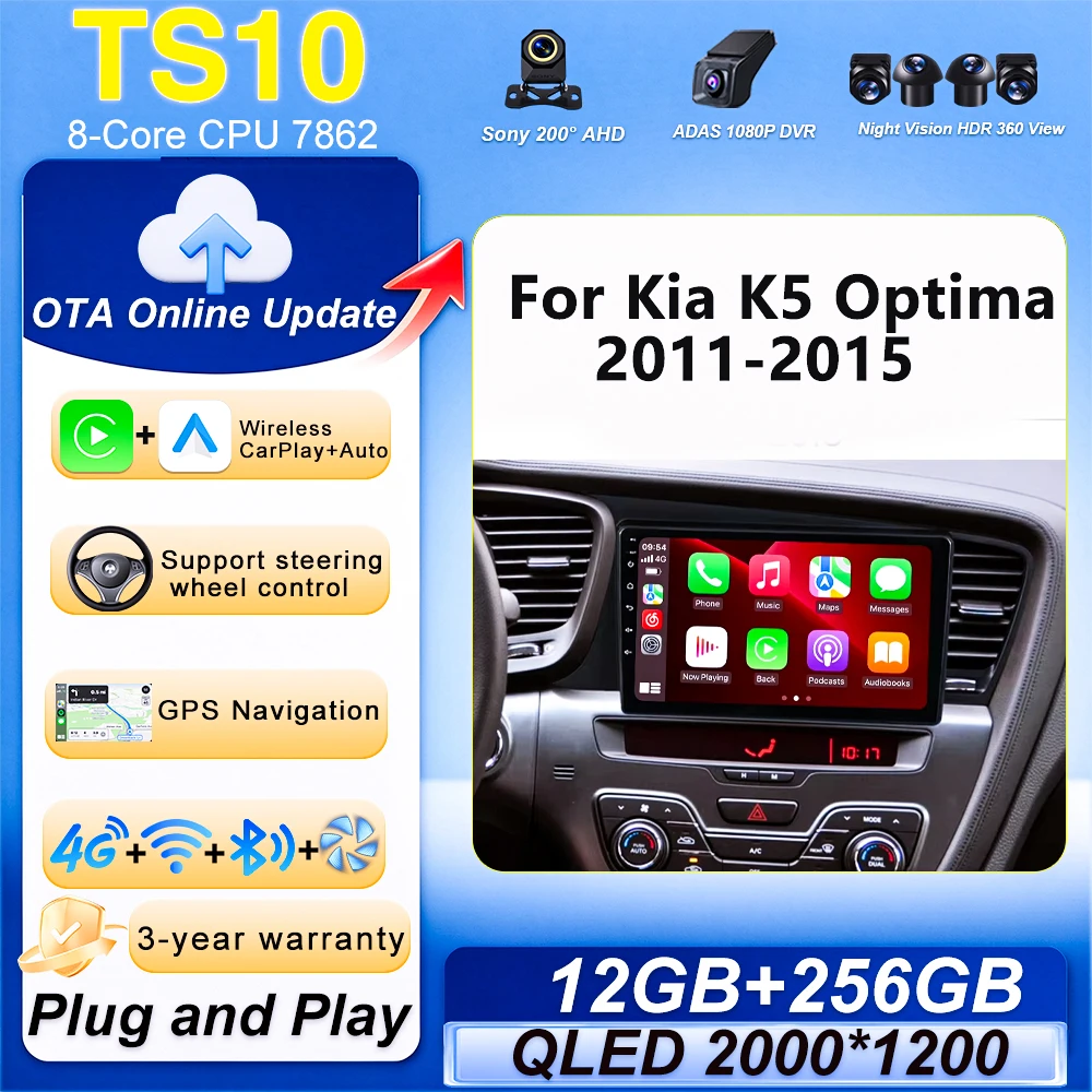 Android 16 Wireless CarPlay For Kia K5 Optima 2011-2015 Car Multimedia Player Bluetooth WIFI Navigation Touch Screen Display