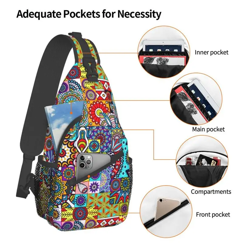 Saco de peito de estilinete floral geométrico, estilinete étnico africano, padrões de Ancara, mochila de ombro crossbody para homens, mochila itinerante