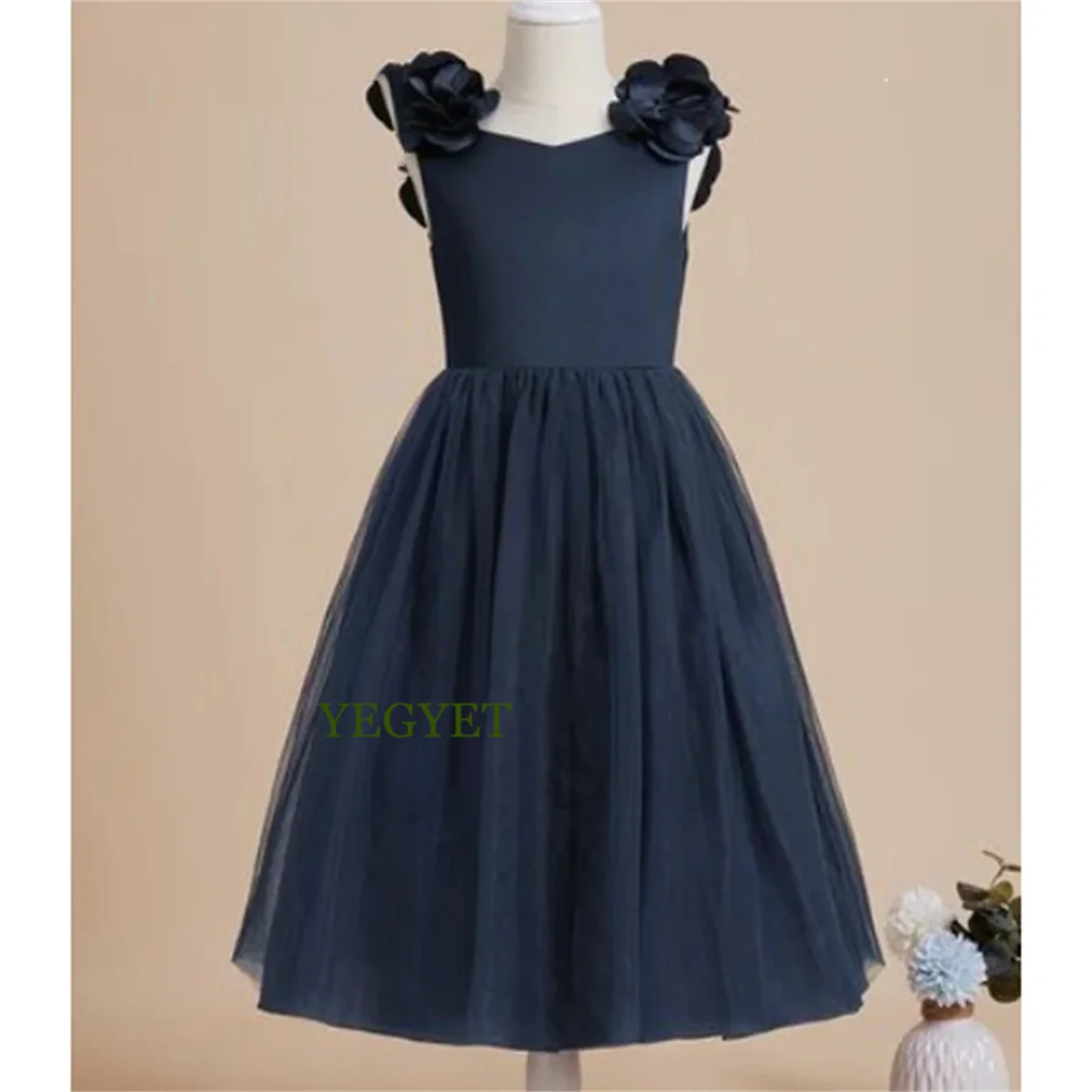 Flower Girl Dress Kids Birthday Sleeveless Princess Ankle Length Tulle Simple Flower design Wedding Lace Bow Navy Evening Dress