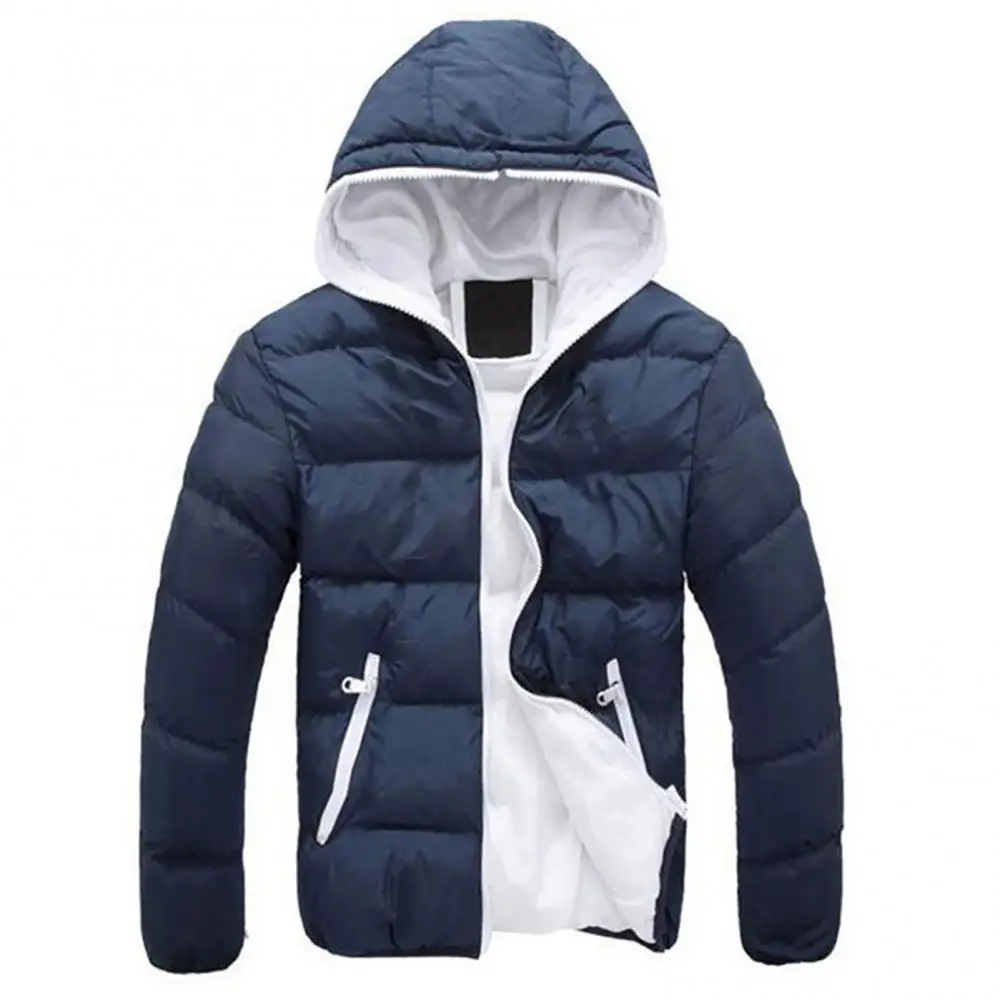 Men Color Block Zipper Hooded Cotton Padded Coat Slim Fit Thicken Outwear Jacket Windproof Men's Jacket Outwear