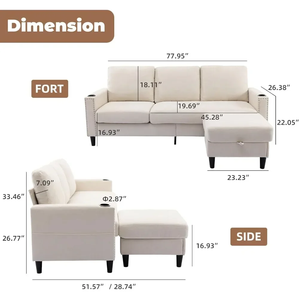 Convertible Sectional Couches for Living Room, L-Shaped Couch 3 Seats Sofas with Storage Chaise & 2 Cup Holders