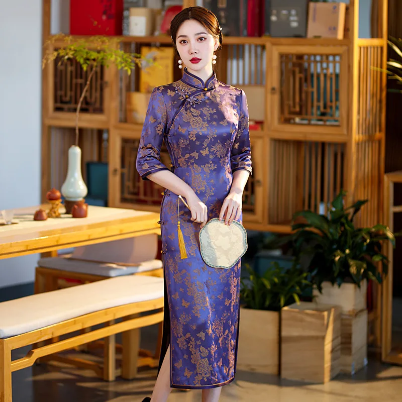 High-End Full Cardigan Quality Real Silk Cheongsam Qipao Women's Improved Dress Chinese Chi-Pao