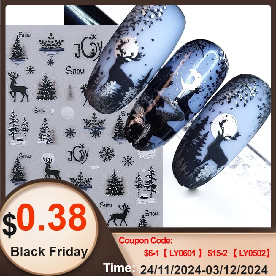 Christmas Nail Art Sticker 3D Winter Elk Snowflake Snowman Rabbit Leaves Nail Decals Self-Adhesive Sliders Manicure Decorations