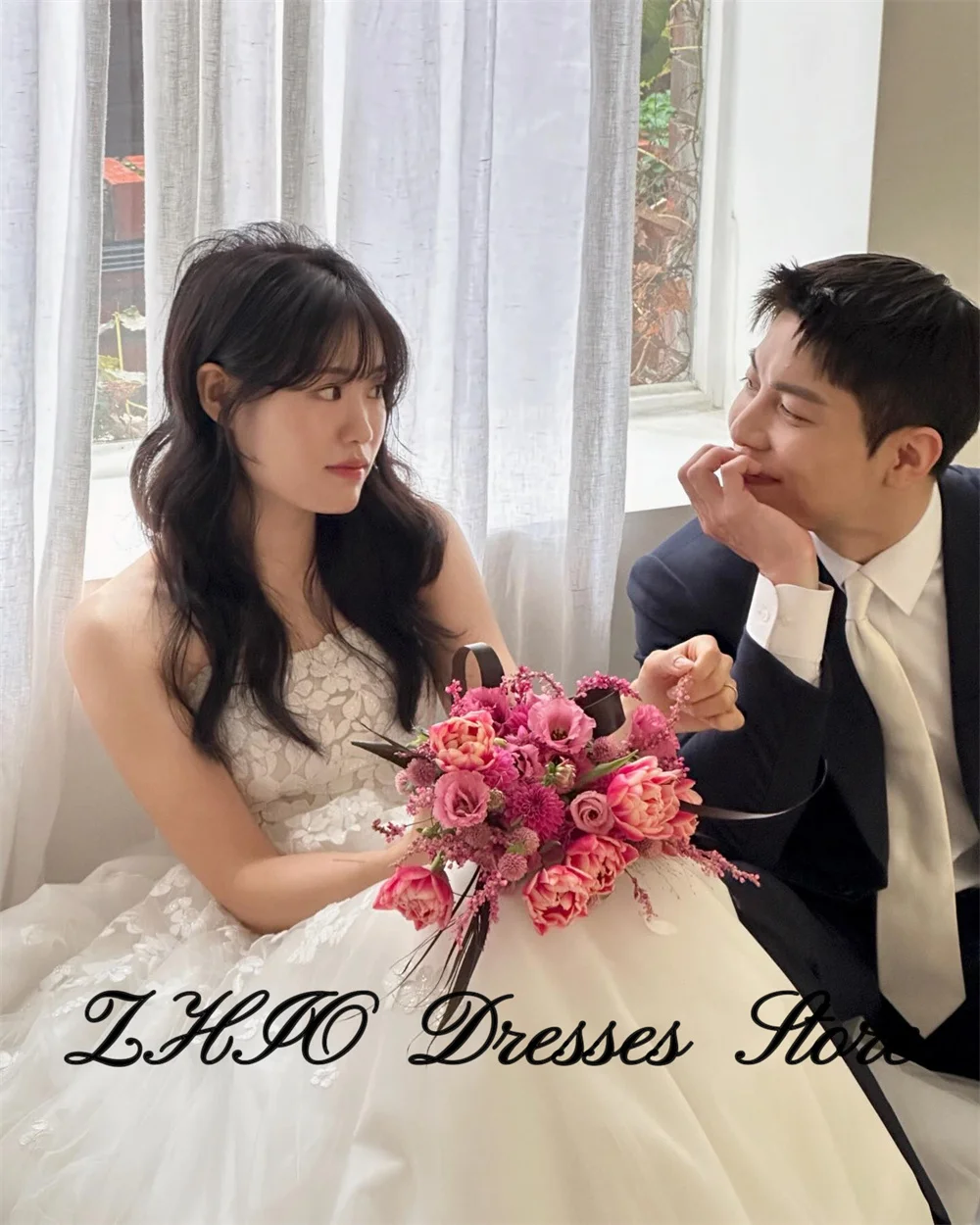 ZHIO Princess Lace Embroidery Dresses Gorgeous White Prom Dresses Soft Tulle For Korea Wedding Dress Photo Shoot Customized
