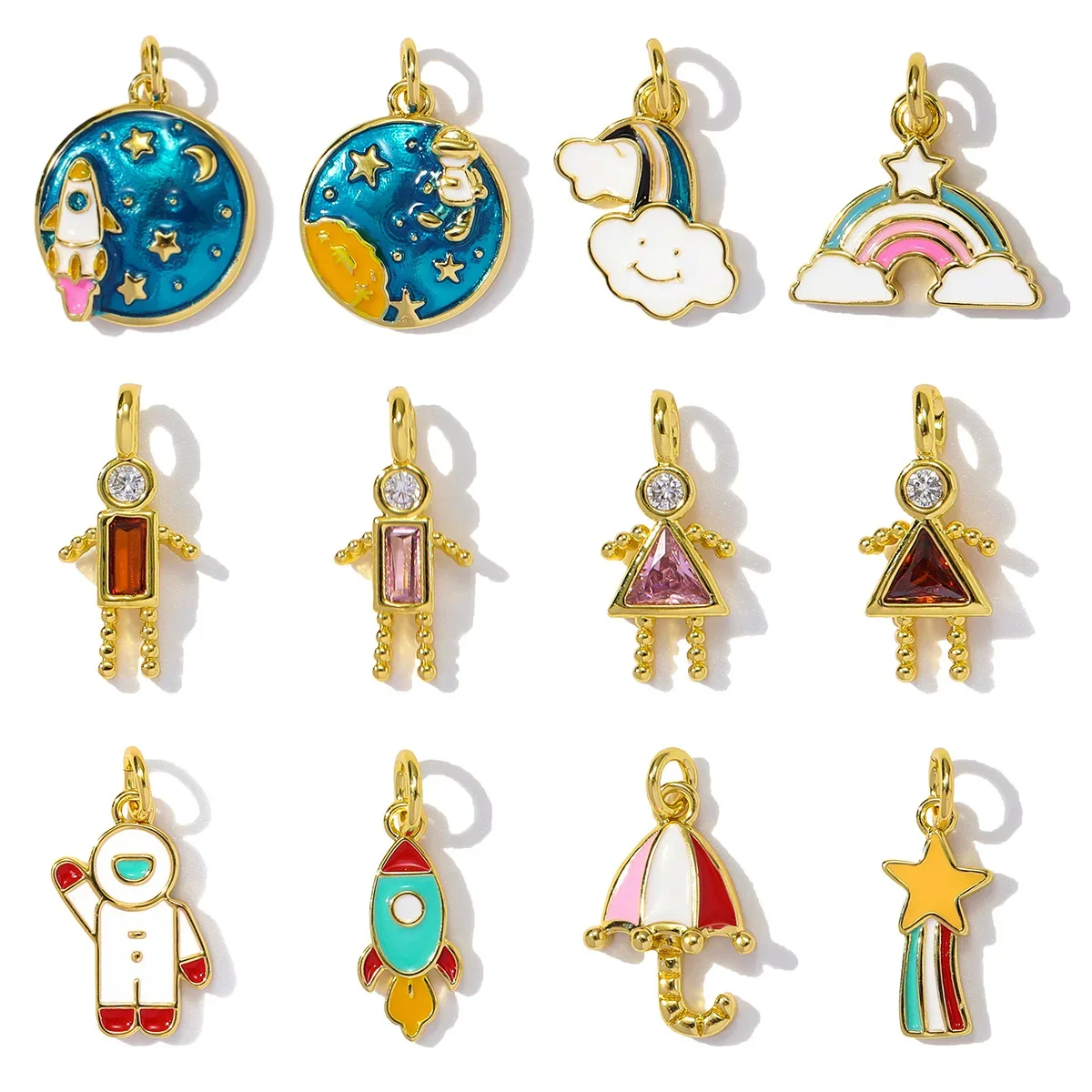3pcs/Lot Wholesale Copper Cute Boy Girl Diy Charms Women Astronauts Spacecraft Necklace Pendants Rainbow Umbrella Jewelry