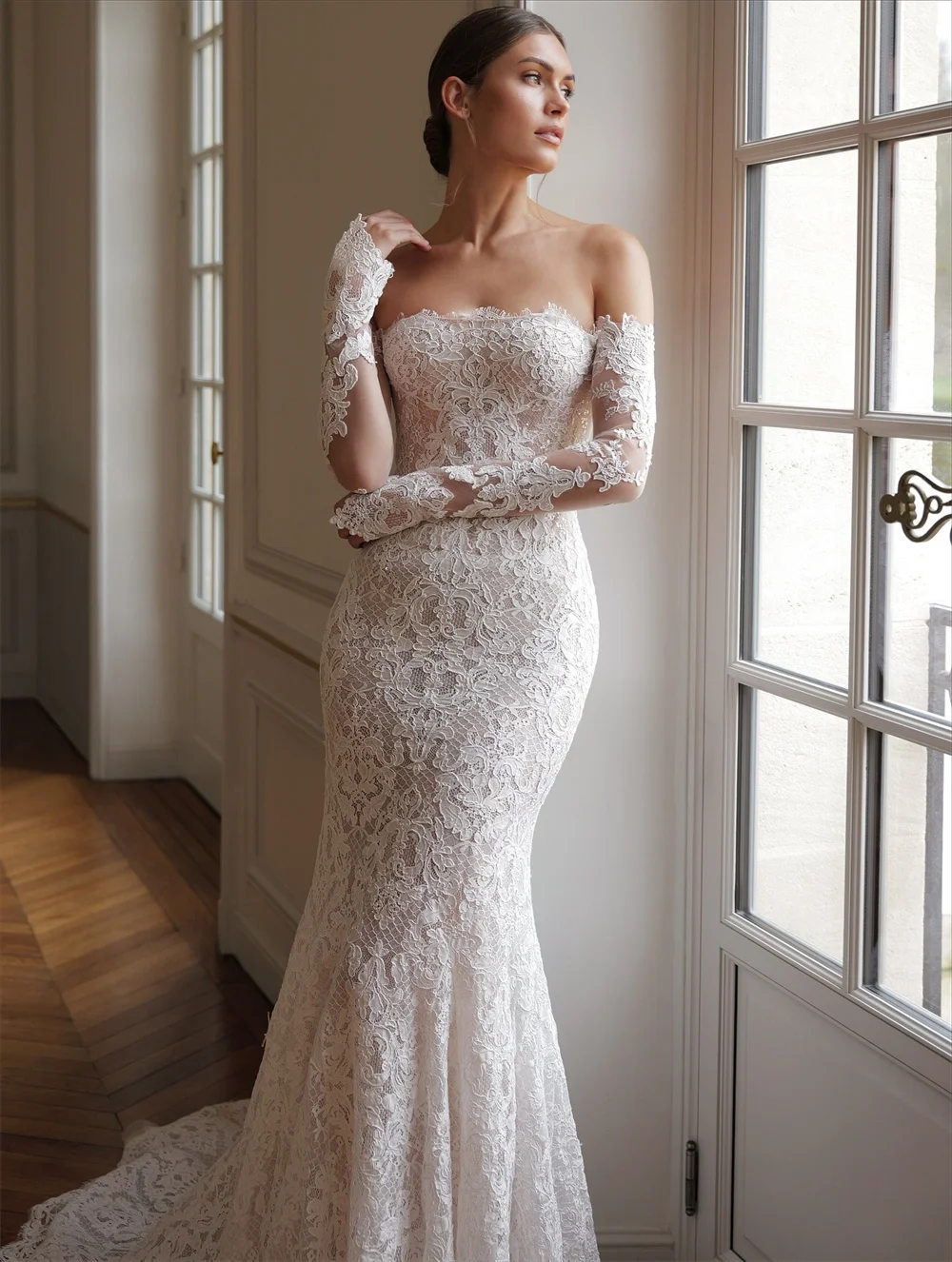 Tóquio personalizado branco fora do ombro vestidos de casamento mangas compridas voltar zip tribunal trem vestidos de noiva sereia vestidos de casamento