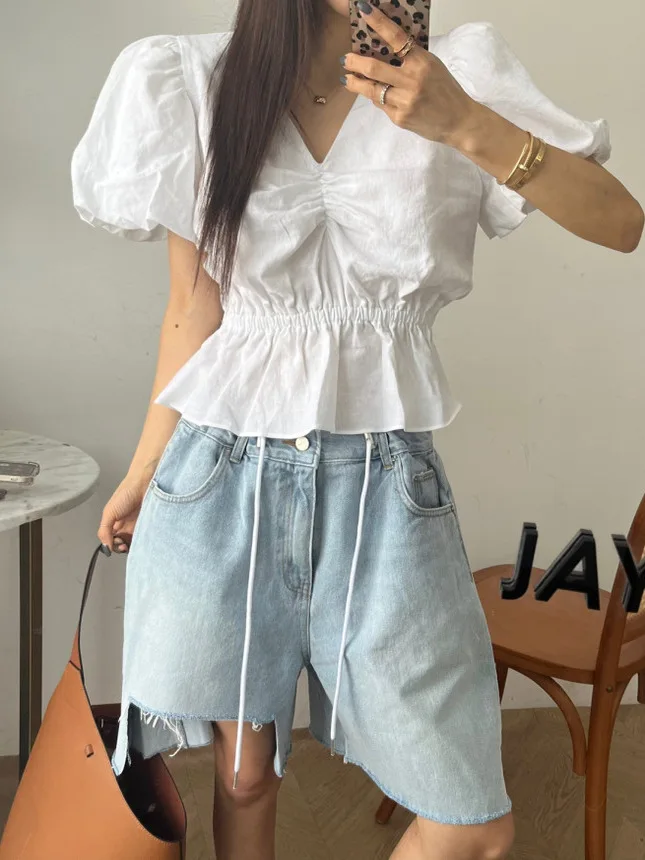 

Retro Waed Asymmetrical Straight Leg Jeans Women's ort Pants Slimming Effect Frayed Hem Summer Casual Denim Skinnies