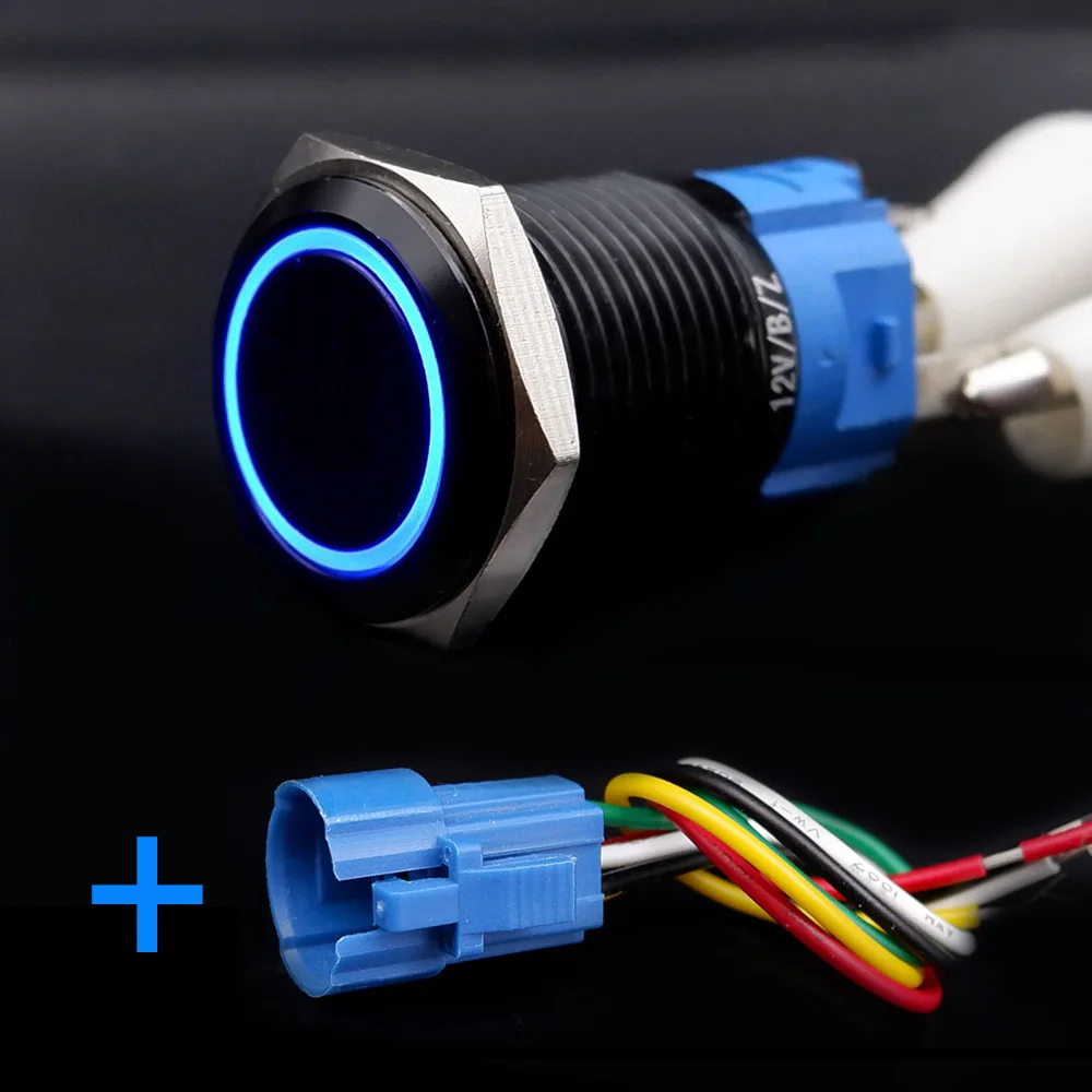 Zwarte drukknop met draad led-licht 16/19/22 mm waterdicht verlicht metaal vergrendelend kortstondig 5V 12V 220V rood blauw