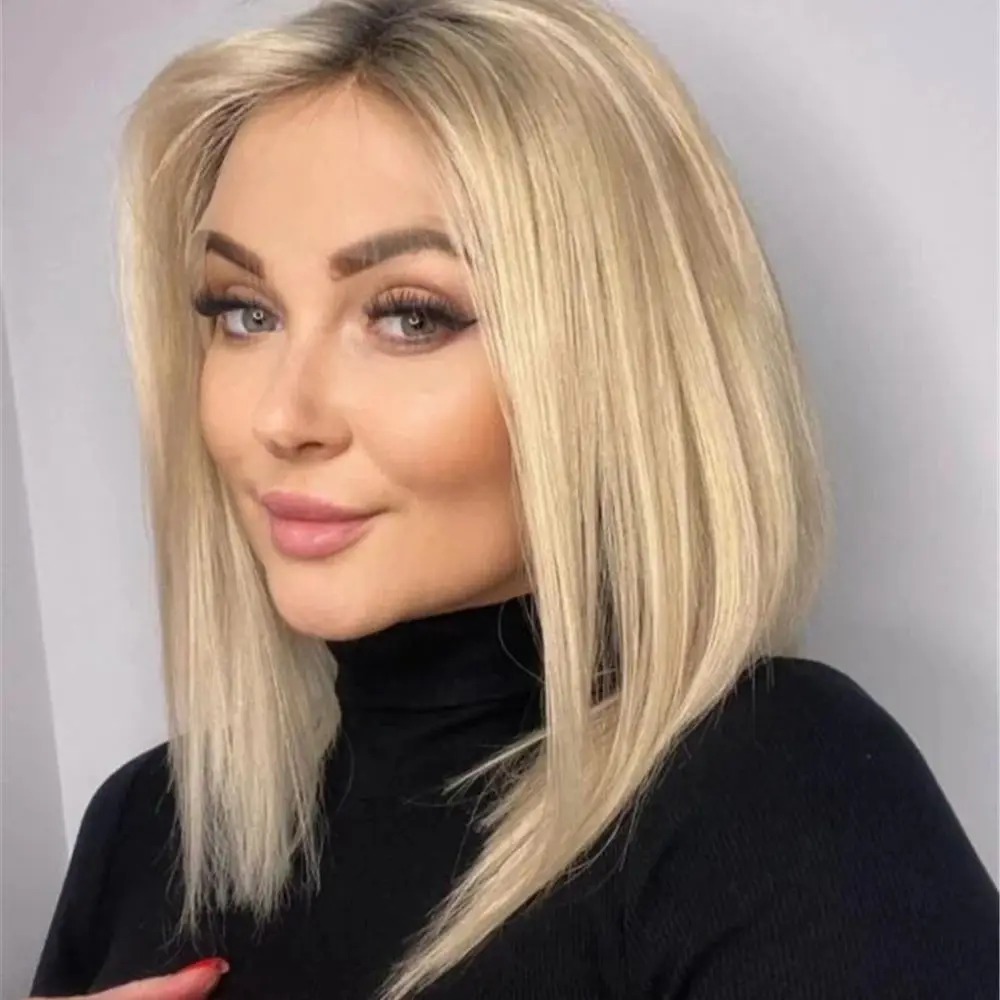 12 Inch Golden Blonde Bob Synthetic Lace Front Wigs Natural Straight Short Glueless Hair with Dark Roots For Middle-aged Woman