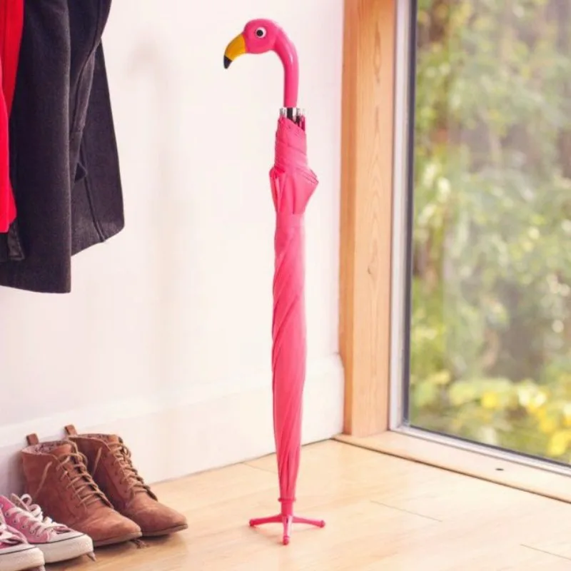 Pink Flamingo Head Long-handled Umbrella Portable Folding Household Creative Women Girl Valentines Day Gift Modern Rain Gear