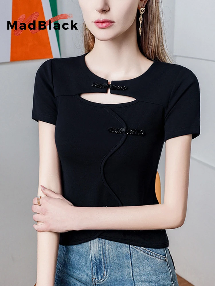 

MadBlack-Women European T-Shirt, Sexy O Neck Buttons Patchwork, Vintage Short Sleeve Slim Irregular Tee, 2026 Spring T61870CC