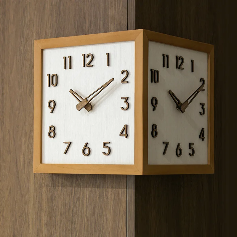 

Solid Wood Double Sided Wall Clock for Corner Mount Mid Century Modern Design Silent Quartz Movement Living Room Hallway Decor