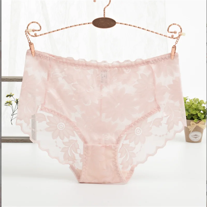 New full lace patchwork transparent underwear, medium waist lace thin women's cotton crotch triangle pants