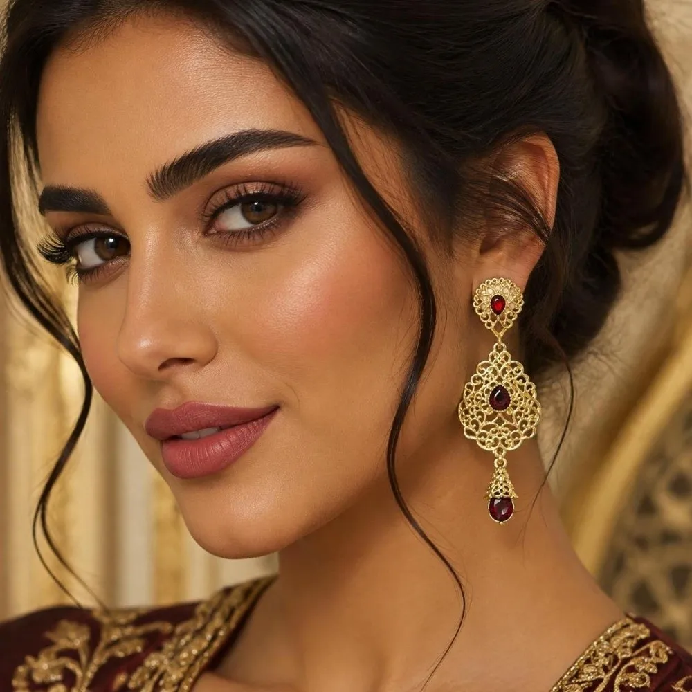 1 Pair Hollow Design Arabic Earrings Crystal Pendant Water Droplet Shape Moroccan Earrings Traditional Style Crystal Earrings