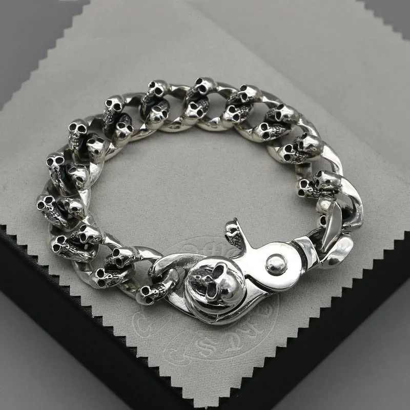 

European and American personality trendsetter 925 sterling silver skull rough wide face bracelet domineering men's Thai silver j