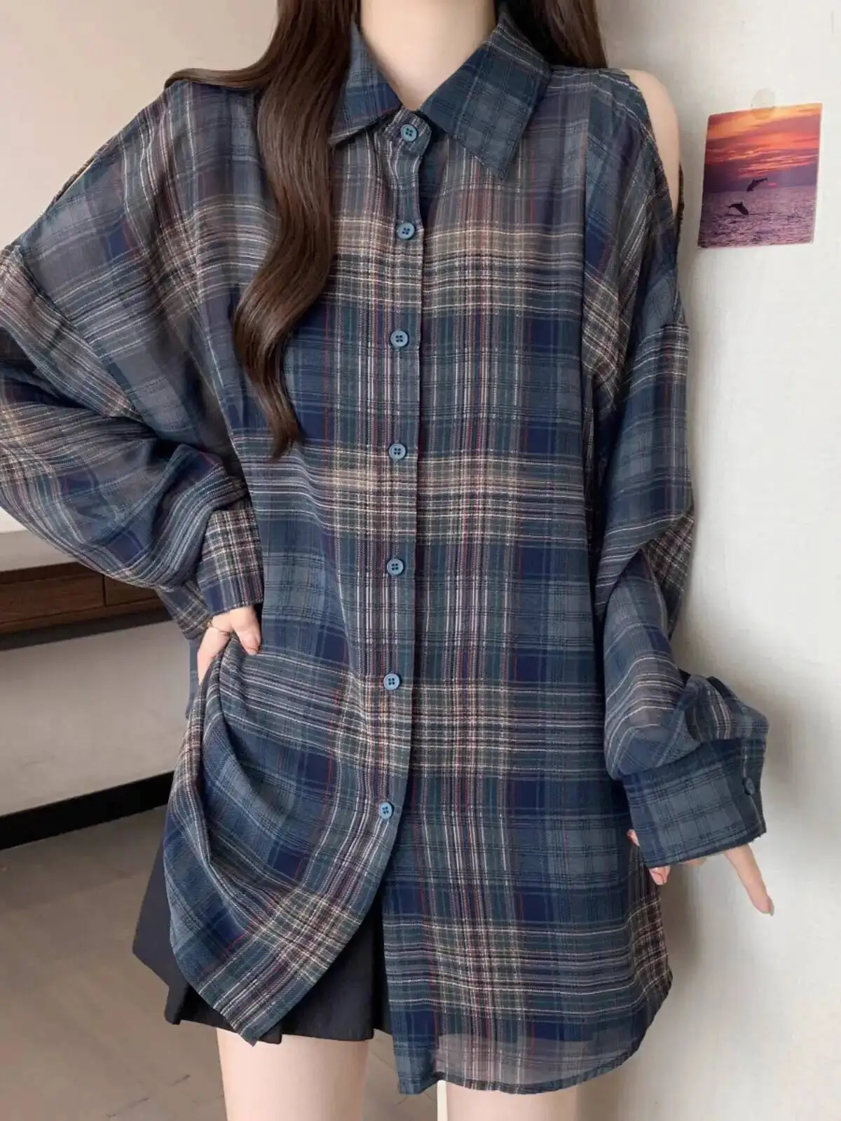 

Women's Plus Size Lazy Style Plaid Shirt Irregular Off Shoulder Long Sleeve Shirts Women Versatile Outerwear Top