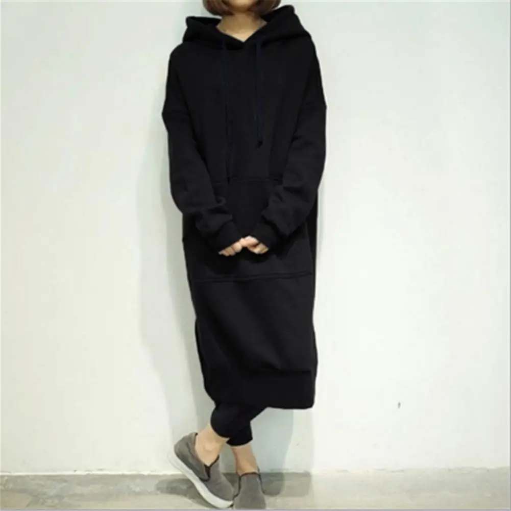 Hoodie Dress Patch Pocket Split Hem Solid Color Pullover Long Dress Casual Wear Winter Warm Drawstring Hooded Sweatshirt Women C