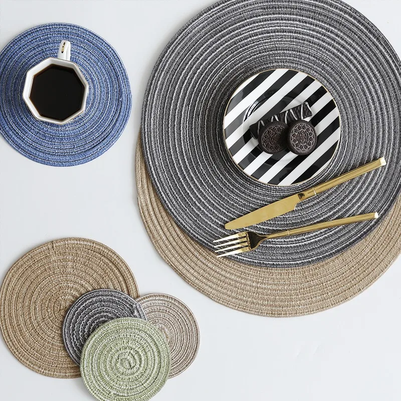 

3Pcs Insulated Cotton Yarn Cup Mat Thread Round Placemat Japanese Korean Style Solid Color Modern Pot Mat Woven Plate Table Mat