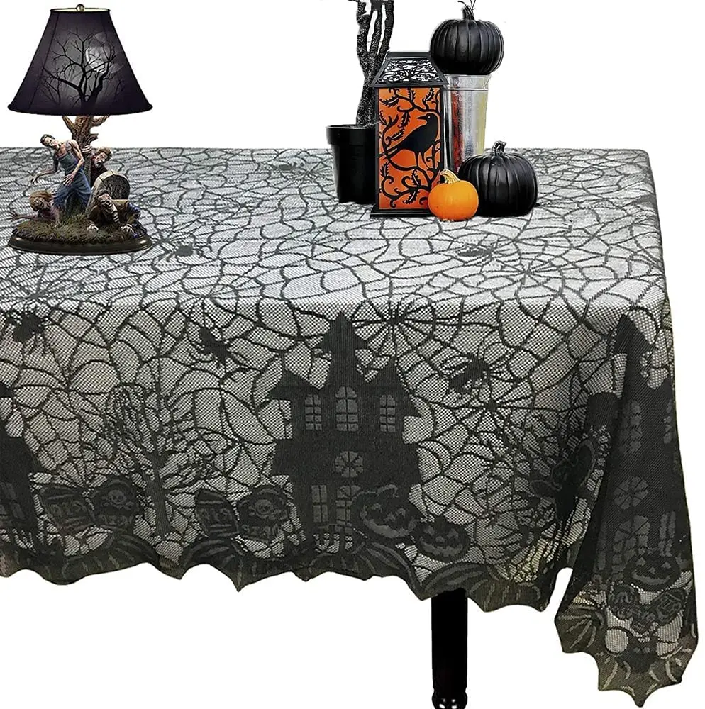 1 Pcs of Halloween Lace Tablecloth Spider Web Skull Pattern Rectangular Shape for Party Decoration Haunted House Pumpkin Design