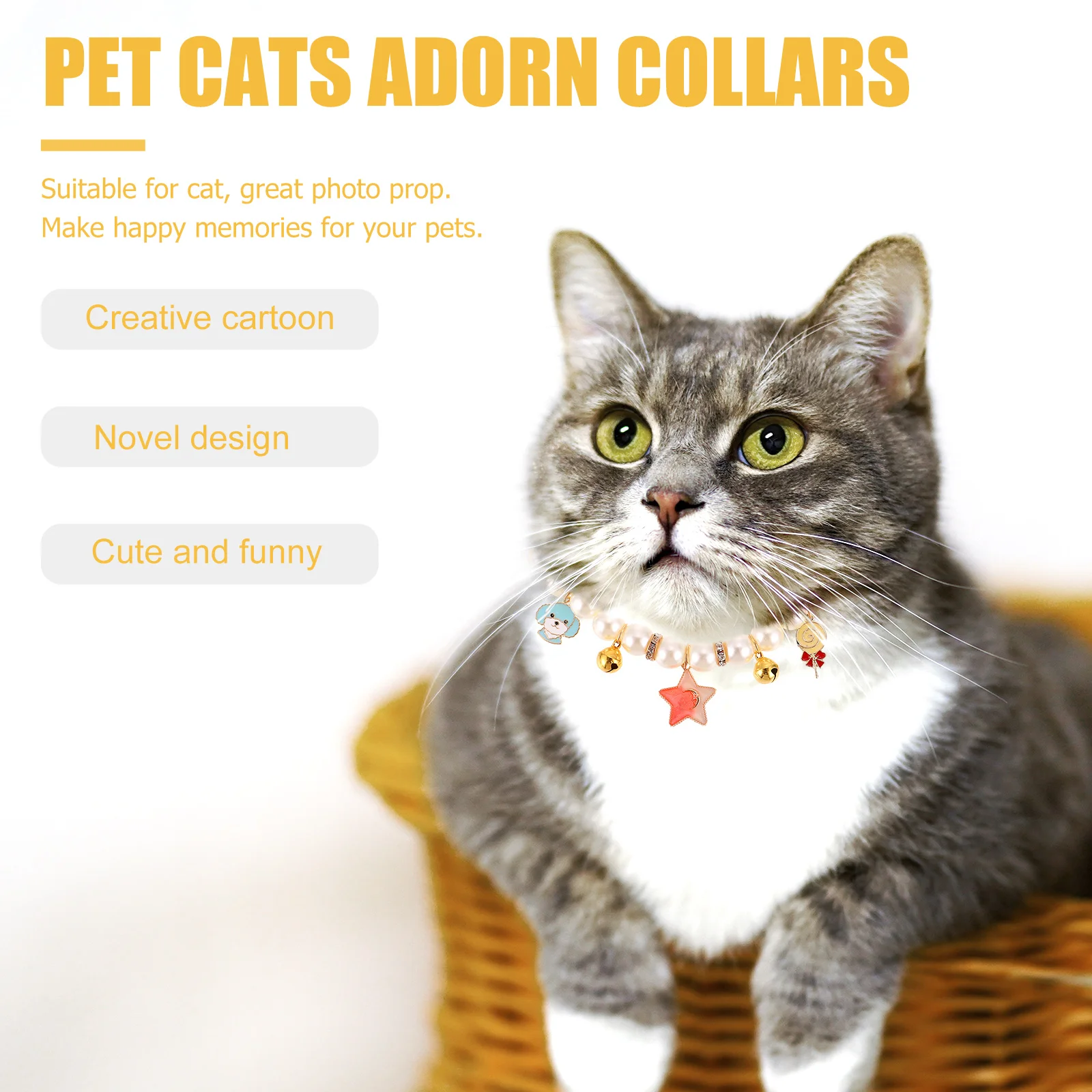 

Pearl Necklace Kitten Collars Dog with Bell Cat Picture Cats Ornament Plastic Accessories Miss