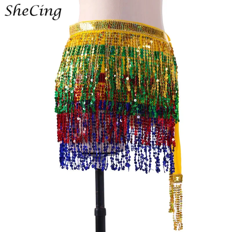 

Женский карнавальный костюм с блестящими кисточками и блестками, костюм для танца живота, шарф, юбка с запахом