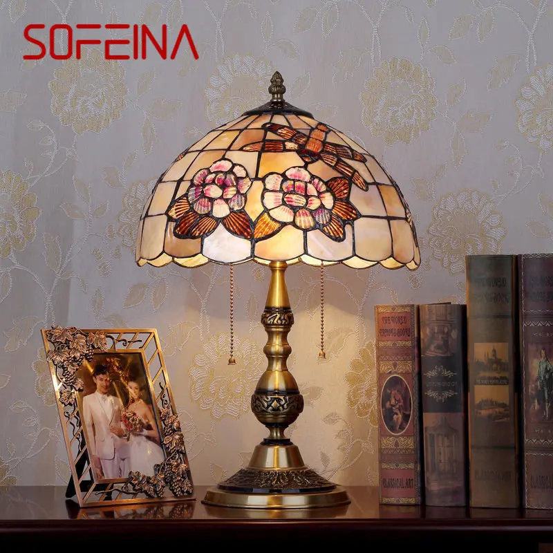 SOFEINA Modern Brass Table Lamp LED European Creative Tiffany Shell Decor Bedside Desk Light for Home Living Room Bedroom