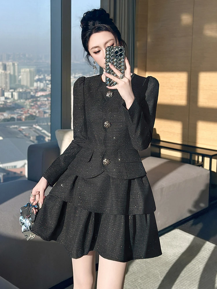 Faux 2 pièces nouvelles femmes noir brillant Tweed manches bouffantes à volants Mini robe affaires formelle robe de soirée Mujer robes vêtements élégants