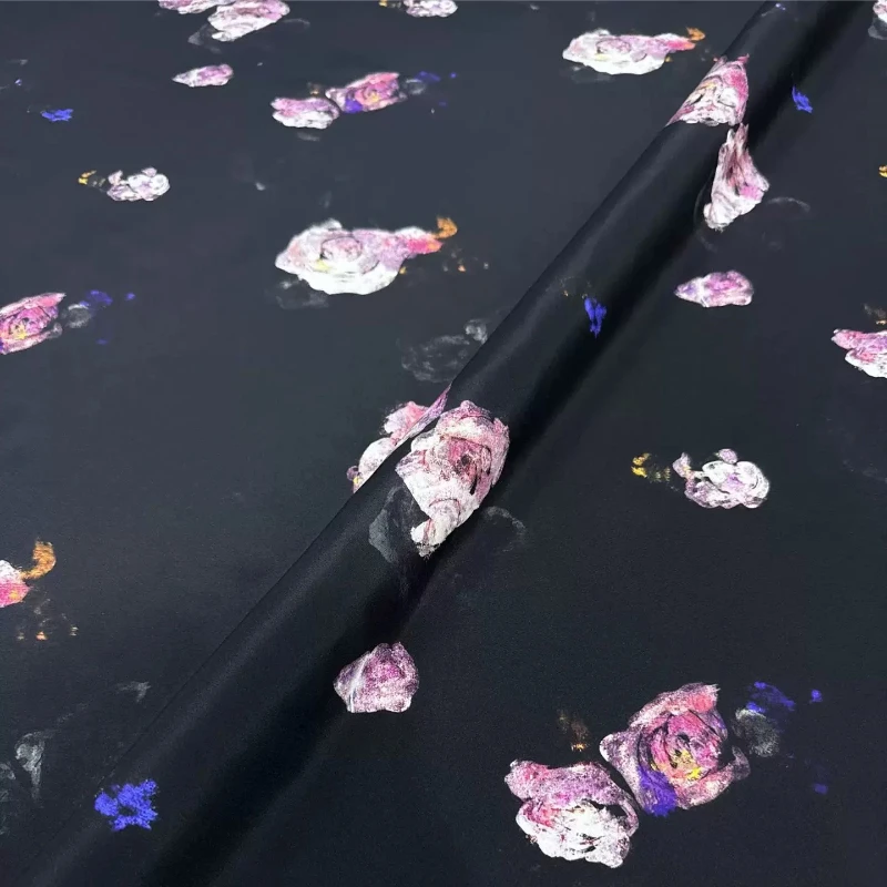 Stretchy Black Silk Crepe De Chine Mulberry Vintage Rose Print for Spring Summer Qipao Hanfu Dress DIY Sewing Accessories