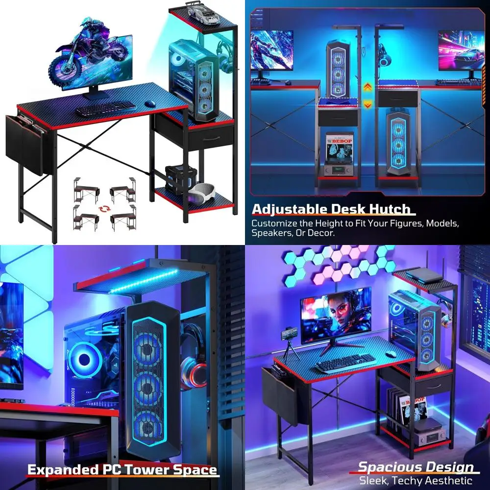 

Игровой стол с ящиком, 44-дюймовый небольшой компьютерный стол с полкой для ПК, игровой стол со светодиодной подсветкой для небольших помещений, двусторонний Ga