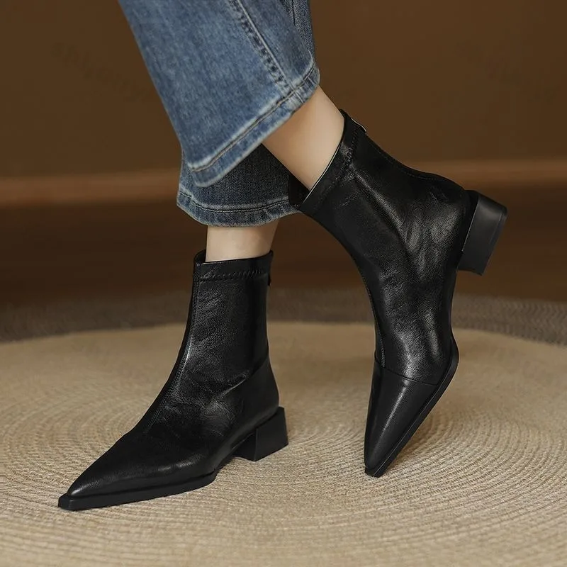Women Pointed Short Boots 2025 Autumn Retro Korean Fashion Solid Colour Non-slip High Heels Thick Heel Comfort Ankle Boots