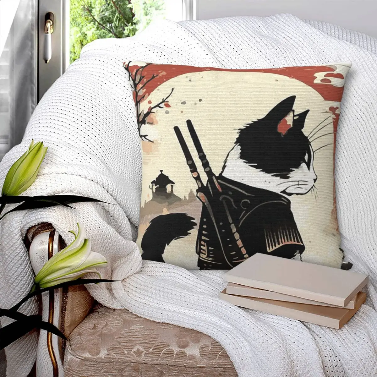 

Cats Anime Samurai Sword Square Pillowcase Pillow Cover Polyester Cushion Decor Comfort Throw Pillow for Home Bedroom
