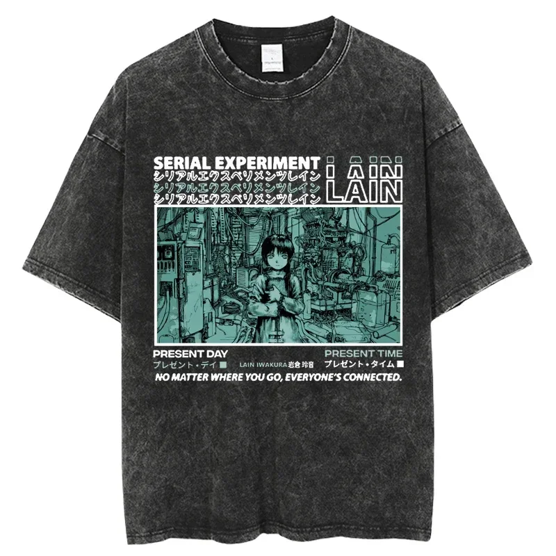 

Anime Serial Experiments Lain Washed Tshirt Harajuku Streetwear Men Women T Shirt Cotton Casual Short Sleeve T-shirts Tops