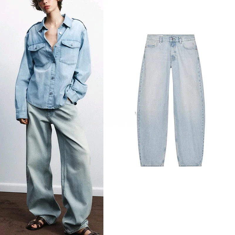 

Spring Summer Floral ape Rhinestone Decoration Print Faion Micro Balloon Waist Denim Jeans Casual High Waist Wide Leg Pants