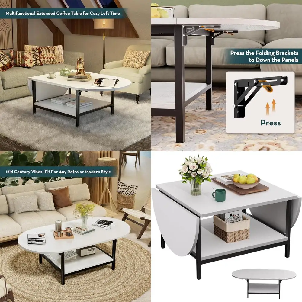 

Белый двухуровневый журнальный столик со складными панелями для хранения и универсальности в гостиной.