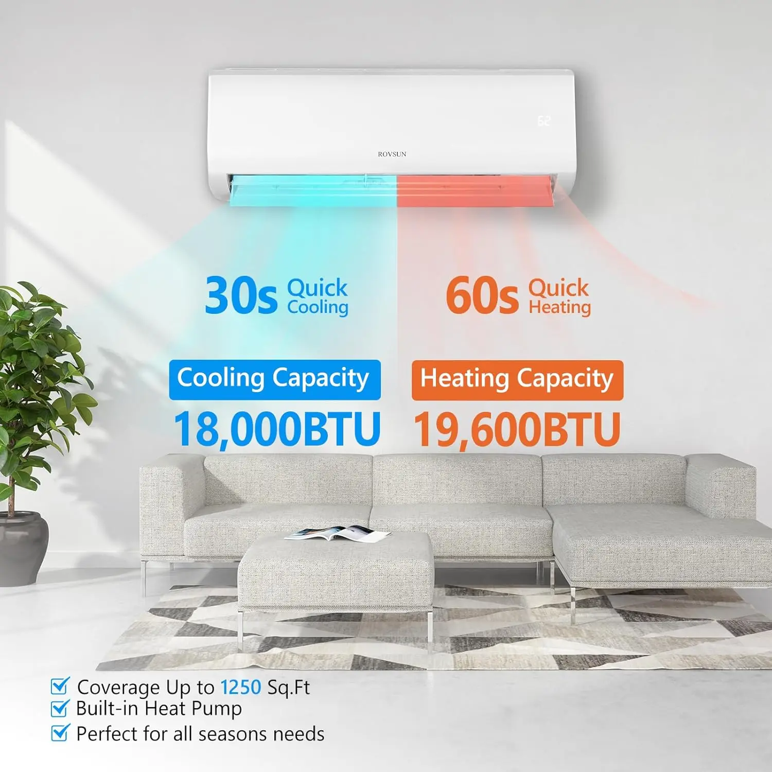 Mini Inversor Split Ductless Eficiente, Sistema com Bomba de Calor Desumidificação Temporizador de 24 Horas, 18000 BTU, 230V, 19 SEER