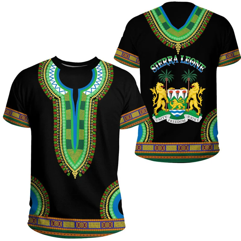 2026 Summer Fashion Quick-Dry Breathable Men's T-shirt with 3D African Print of Sierra Leone and Casual Round-neck Short Sleeve