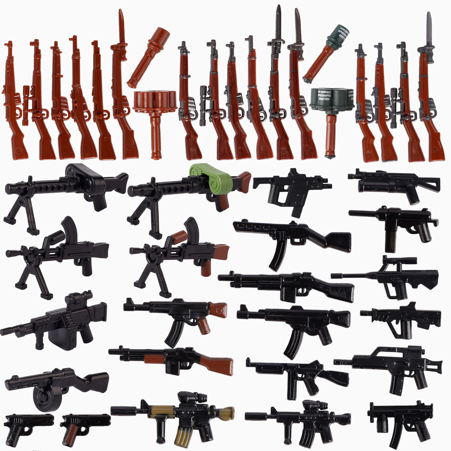 MOC WW2 Militär Soldaten Waffen Bausteine Deutsche Holzmaserung Pistole Arme 98K PPSH Sowjetische Armee Figuren Zubehör Ziegel Spielzeug