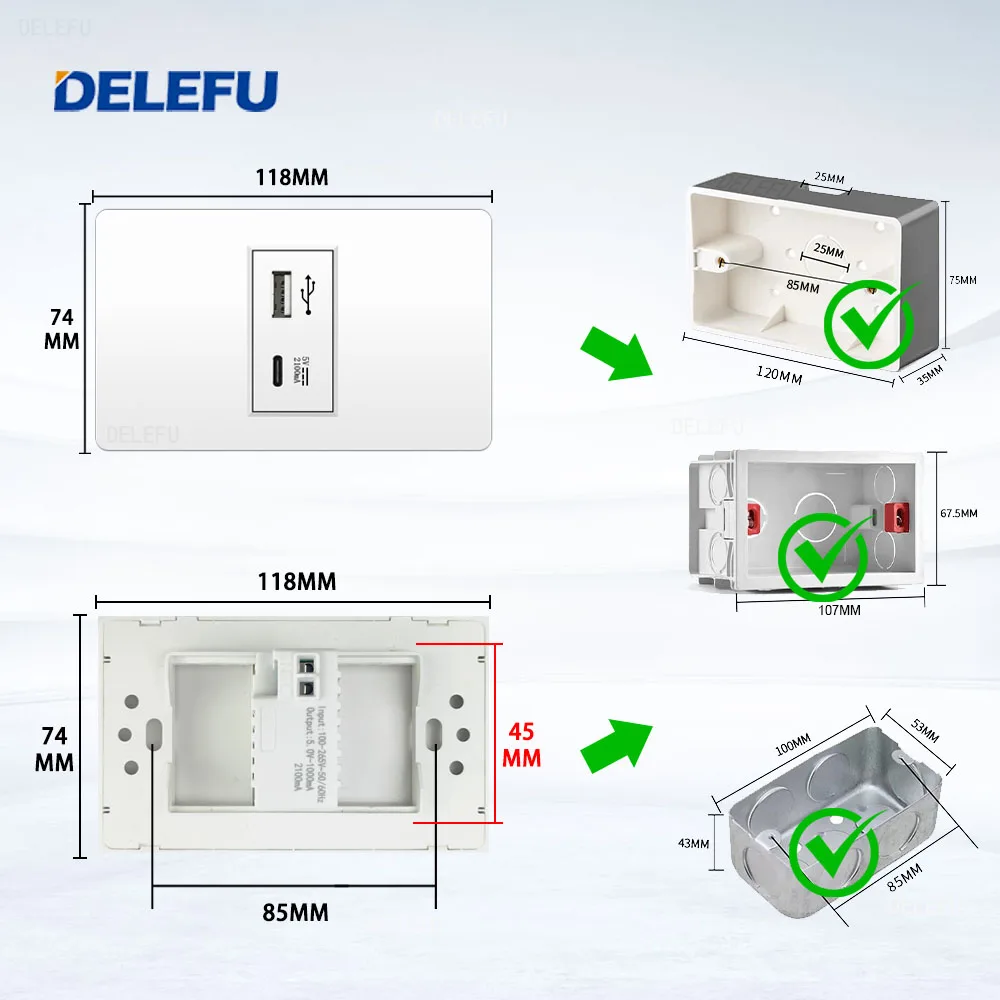 DELEFU 4*2 Brazilian Standard PC Flame Retardant Panel 20W Fast Charge Tpye-c USB Wall Socket, 118*74mm 2.1A 5V Outlet