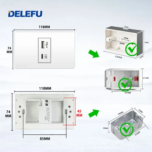 Imagen 2 del producto DELEFU-Panel ignífugo de carga rápida tpye-c, toma de corriente de pared, USB, 118x74mm, 2.1A, 5V, 4x2, PC estándar brasileño